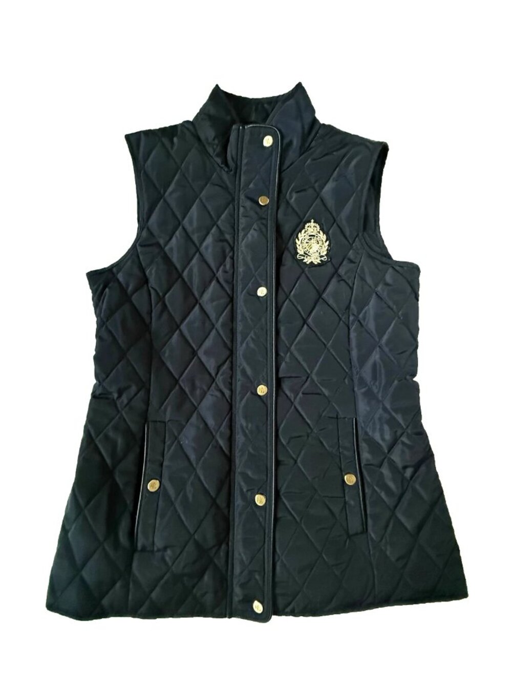 Lauren Ralph Lauren Womens XS Crest Patch Quilted Vest Navy Blue Zip Black Label
